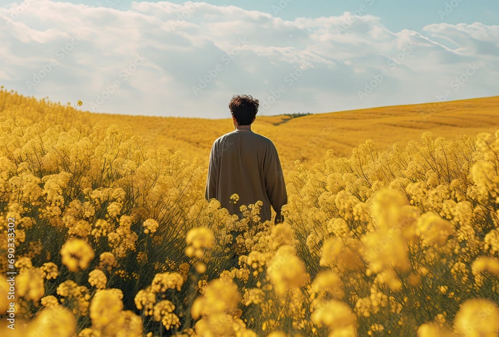spring blooming, a young man in the middle of an oilseed rape field (Brassica napus) spring blooming, a young man in the middle of an oilseed rape field (Brassica napus)