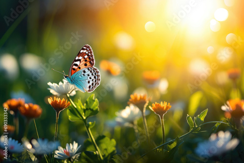 Butterfly on wildflowers in spring
