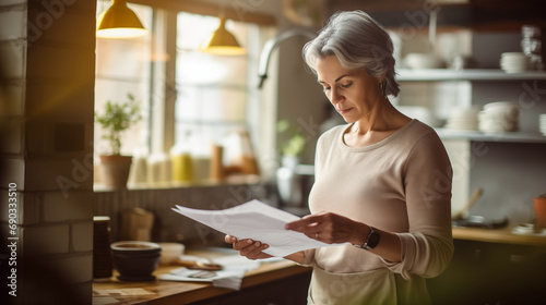 Senior woman holding paperwork in kitchen