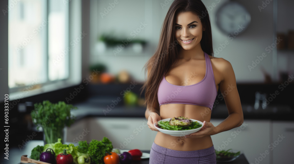Smiling woman in athletic wear, standing in a bright modern kitchen with an assortment of colorful fresh fruits and vegetables on the countertop.