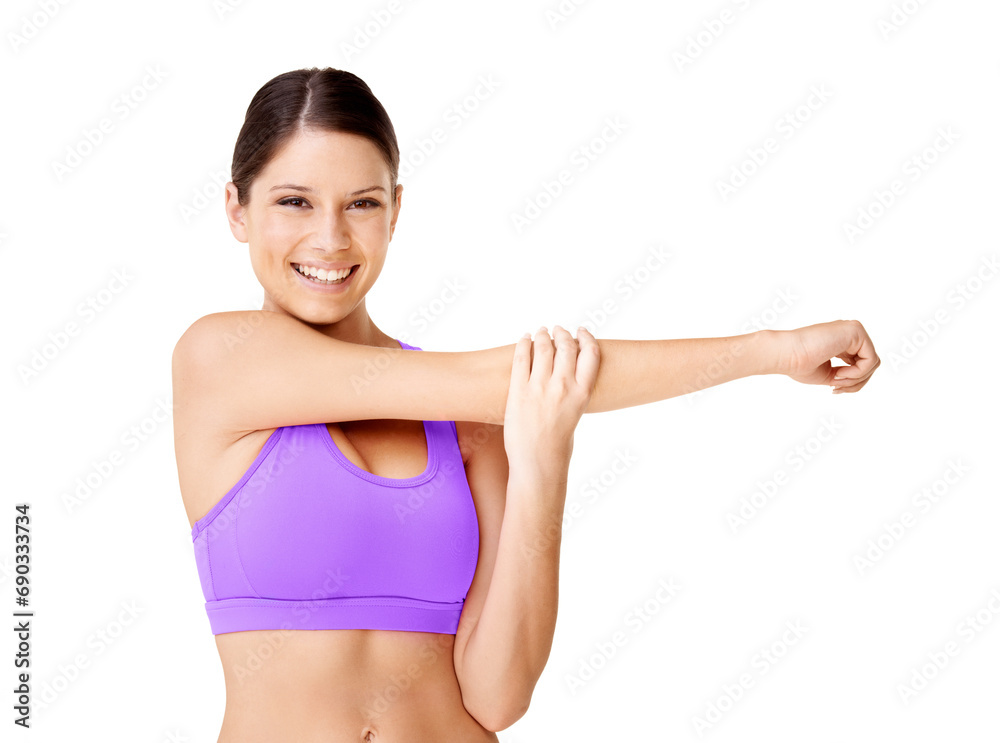Portrait, fitness and woman with workout, stretching and exercise isolated on a white studio background. Face, person and model with training, smile and health with wellness, athlete and performance Portrait, fitness and woman with workout, stretching and exercise isolated on a white studio background. Face, person and model with training, smile and health with wellness, athlete and performance