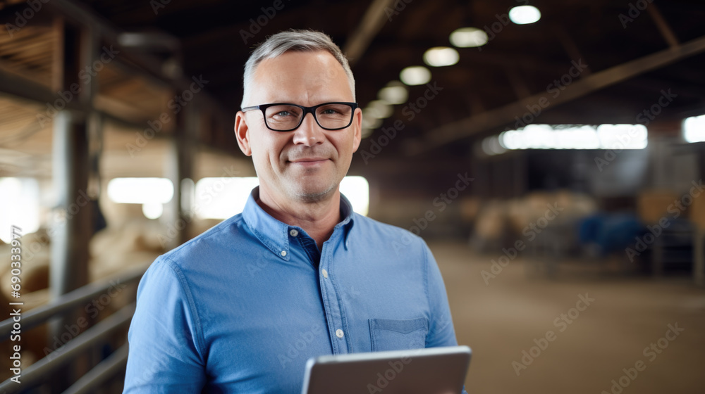 Fototapeta premium Mature man focusing on a tablet inside a barn with cows in the background, depicting modern farming management.