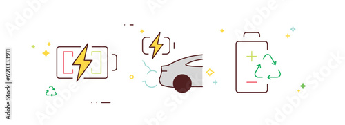 Batteries, car charge, recycle, voltage, phone battery charging, battery life vector illustration.