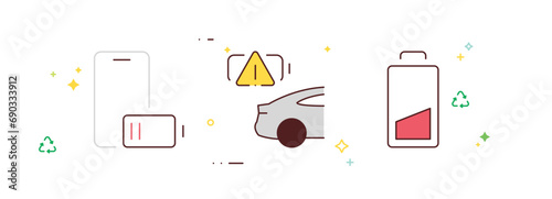 Batteries, car charge, recycle, voltage, phone battery charging, battery life vector illustration.
