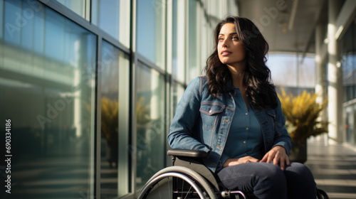 Confident woman in a wheelchair, smiling while navigating a sunny urban setting with modern buildings and reflective glass in the background.