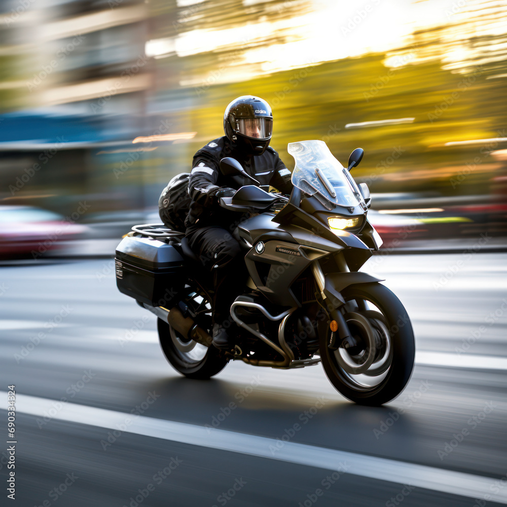 motorcycle passes by with blurred background.