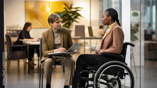 Woman in a wheelchair and a man sitting at a desk in a well-lit, modern office environment, actively engaged in a collaborative discussion