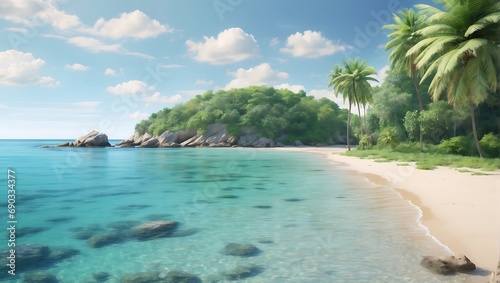  tranquil beach scene, with crystal clear waters and a green vibes, perfect for a relaxing getaway.