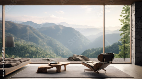 Modern stylish living room with large windows and views of the mountain landscape