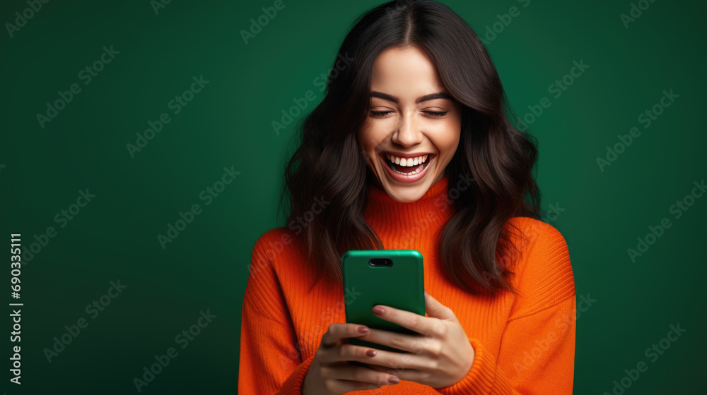 Happy smiling young woman is using her smartphone against green background Happy smiling young woman is using her smartphone against green background