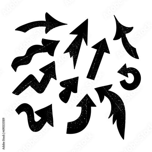 Grunge textured hand drawn silhouette arrows set. Black signs with scratches on white background. Ideal for social media graphics, design, decoration, pattern