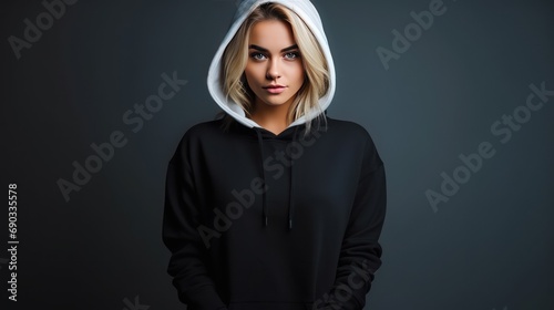 Handsome young white female wearing black blank cotton hoodie with space for your logo or design, generative ai