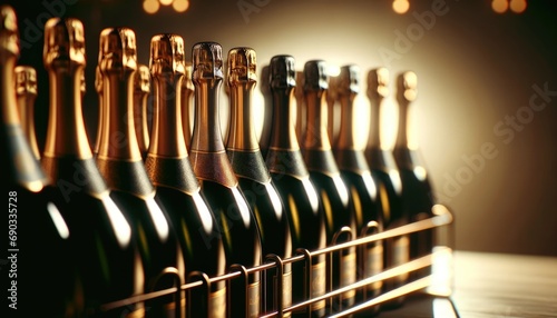 Row of champagne bottles with golden foil on festive warm light background