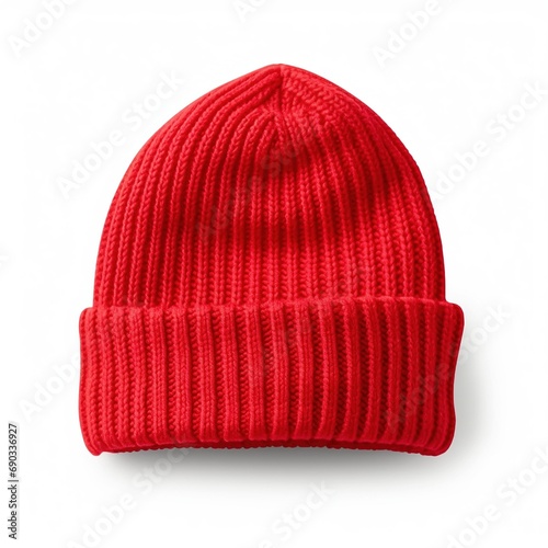 Red knitted beanie hat for cold winter days isolated on white background