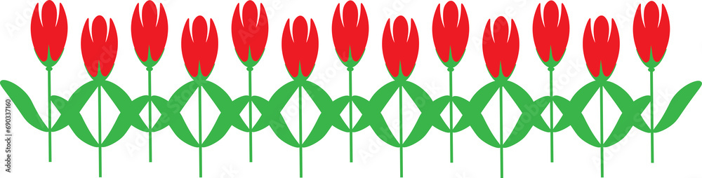 A pattern of red tulips with green leaves
