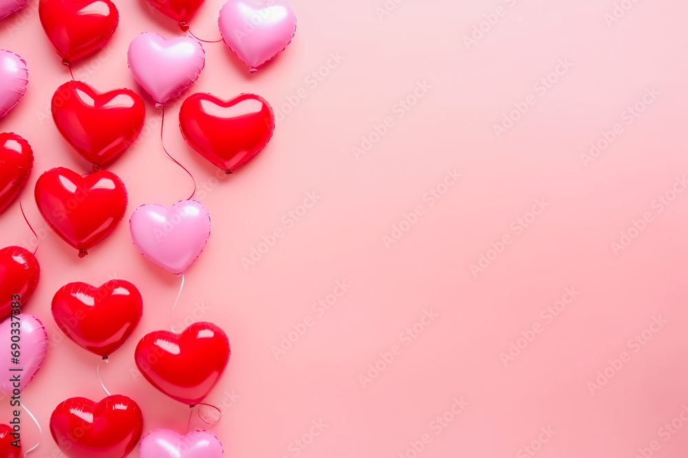 Valentines day background for web page, light colors, pink and red balloon hearts. Wedding decorative.