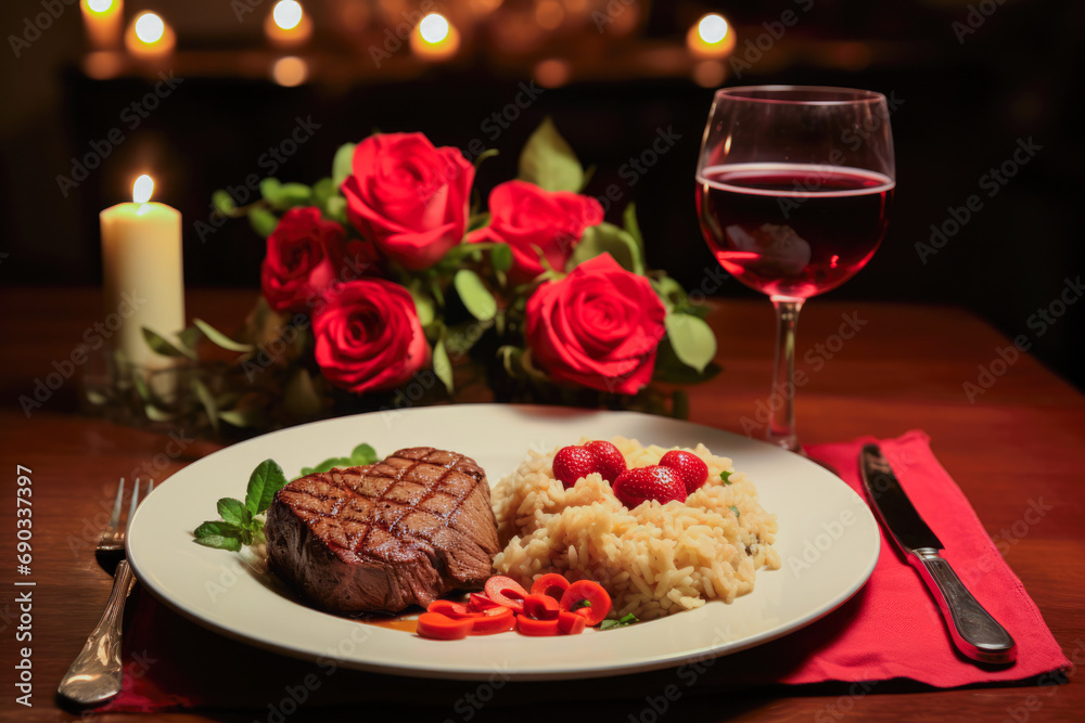 Romantic dinner, glass of wine with roses for romantic atmosphere on Valentines day. Candles on the table, food on the plate.