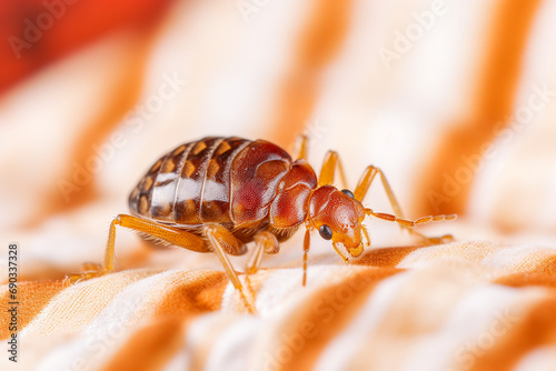 Bedbug Close up of Cimex hemipterus - bed bug on bed background created with Generative Ai © Andrii Yablonskyi