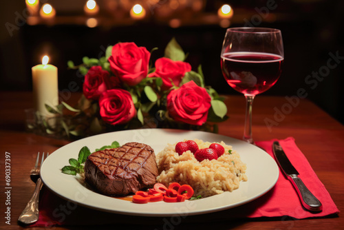 Romantic dinner, glass of wine with roses for romantic atmosphere on Valentines day. Candles on the table, food on the plate.