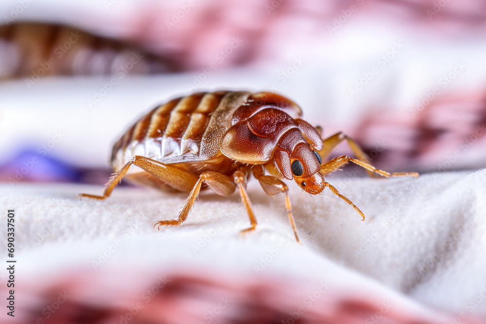 Bedbug Close up of Cimex hemipterus - bed bug on bed background created with Generative Ai Bedbug Close up of Cimex hemipterus - bed bug on bed background created with Generative Ai