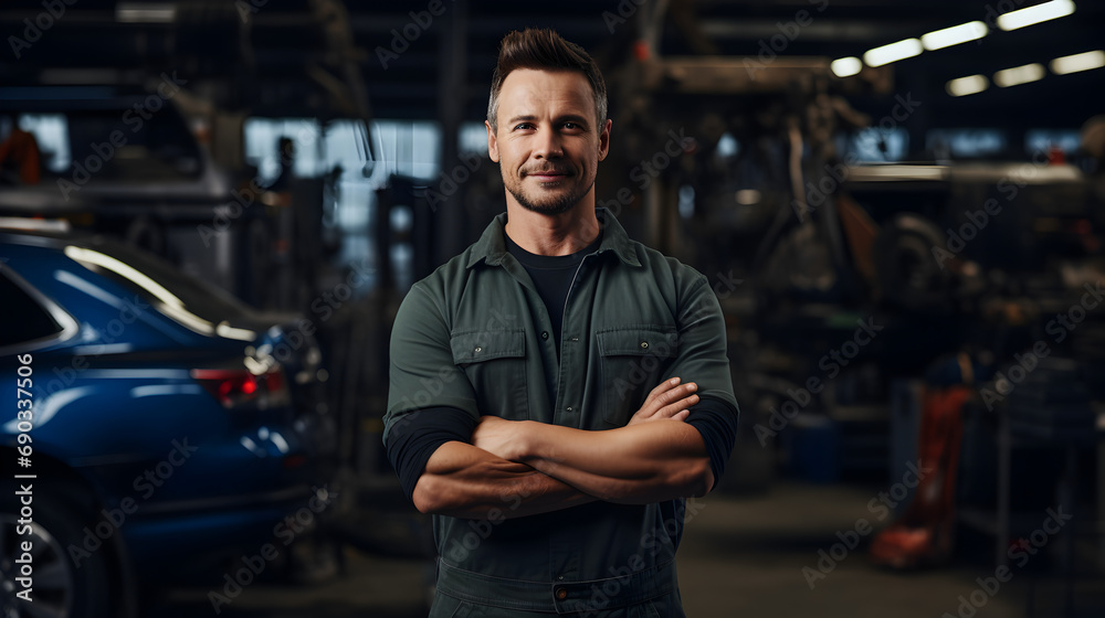 Mechanic at the garage, Garage Owner Standing Confidently Mechanic at the garage, Garage Owner Standing Confidently