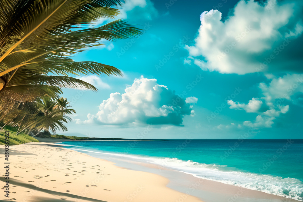 Tropical beach with palm trees and blue sky, Seychelles