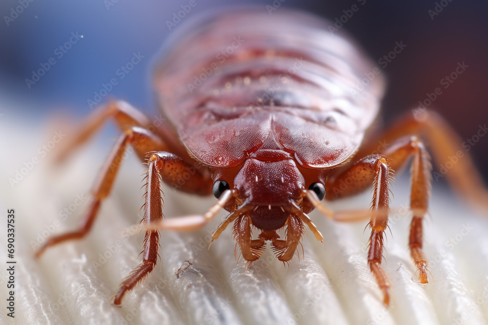 Bedbug Close up of Cimex hemipterus - bed bug on bed background created with Generative Ai Bedbug Close up of Cimex hemipterus - bed bug on bed background created with Generative Ai