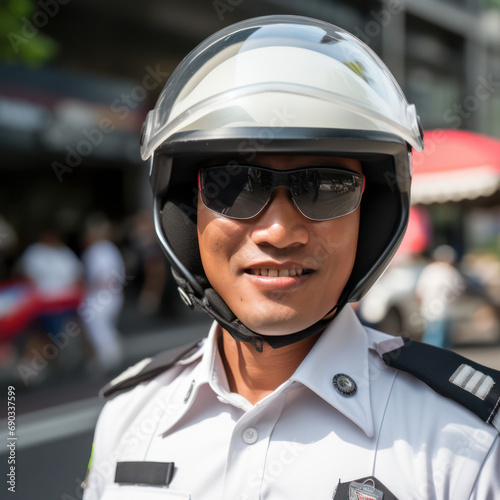 bangkok closeup policeman face wwith helmet. © mindstorm