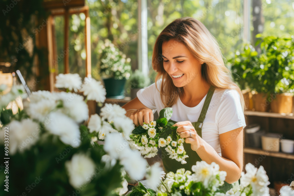 Florist female wearing apron in her small business shop, owner making bouquet with spring flowers for wedding.