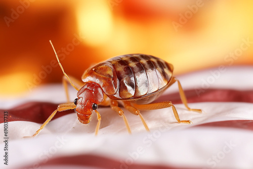 Bedbug Close up of Cimex hemipterus - bed bug on bed background created with Generative Ai © Andrii Yablonskyi