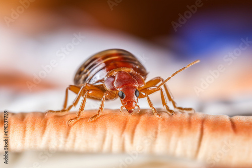Bedbug Close up of Cimex hemipterus - bed bug on bed background created with Generative Ai photo