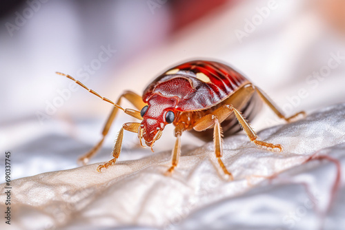 Bedbug Close up of Cimex hemipterus - bed bug on bed background created with Generative Ai © Andrii Yablonskyi