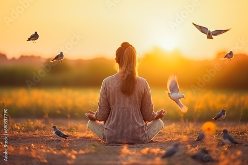 Woman praying and free bird enjoying nature on sunset background, hope concept. Yoga, meditation, nature, zen, mindfulness, praying. photo