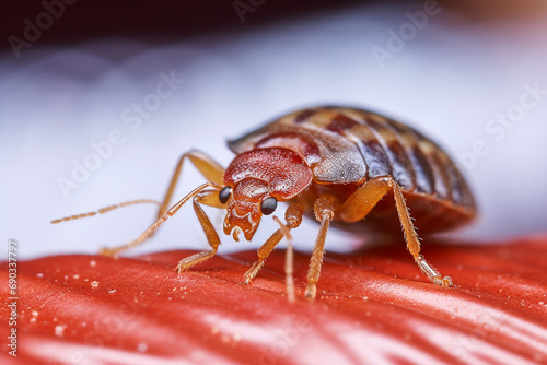 Bedbug Close up of Cimex hemipterus - bed bug on bed background created with Generative Ai © Andrii Yablonskyi