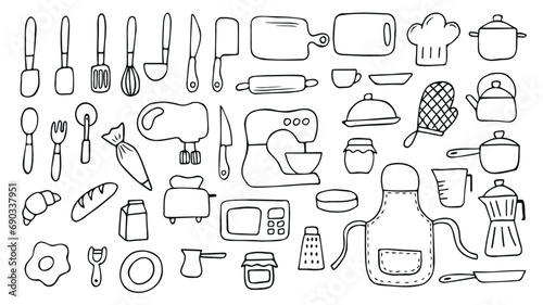  set of black line hand draw cooking doodle, baking and kitchen tools elements  photo