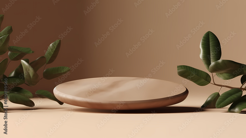 Stone product display podium with nature leaves on brown background. 3D rendering