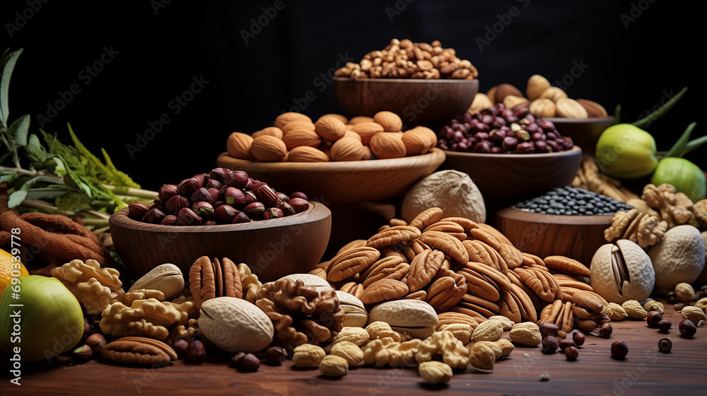 Assorted Nut Bounty: A Variety of Nuts with Rosemary Accent on a Dark Wooden Surface