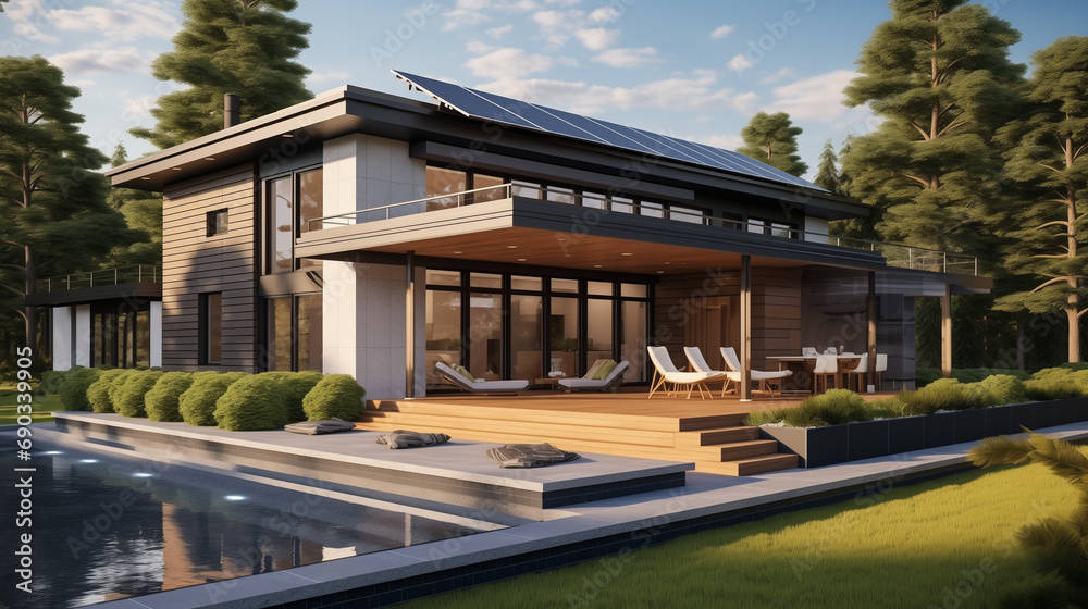 Eco-Friendly Modern Living: House with Solar Panels and a Pool at Dusk