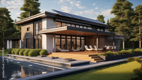 Eco-Friendly Modern Living: House with Solar Panels and a Pool at Dusk © Another vision