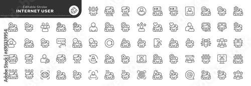 Set of line icons in linear style. Series - Internet User. Global and social network user. Conceptual pictogram and infographic.