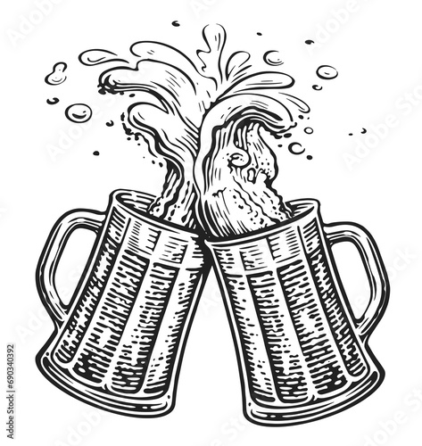 Two toasting beer mugs, Cheers. Oktoberfest, clinking glass tankards full of beer and splashed foam photo