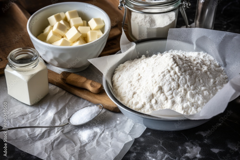 Baking ingredients on a dark rustic kitchen counter, ready for a home baking session with flour, butter, and utensils, evoking the joy of homemade pastries.
Baking ingredients on a dark rustic kitchen counter, ready for a home baking session with flour, butter, and utensils, evoking the joy of homemade pastries.