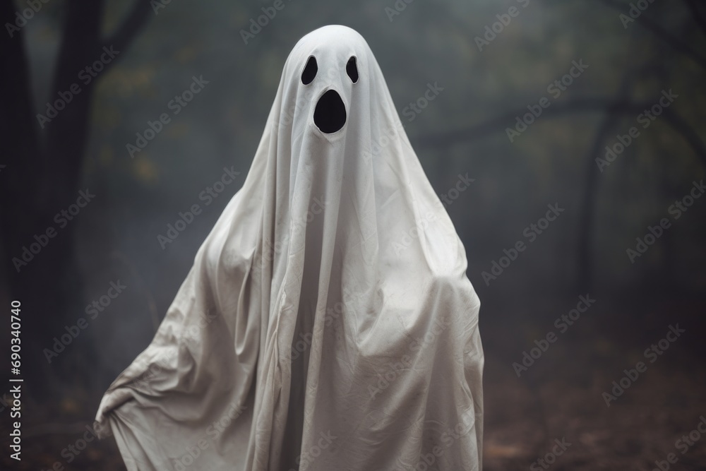 A playful ghost costume in a misty forest setting, invoking the spooky spirit of Halloween with a touch of humor and mystery.

