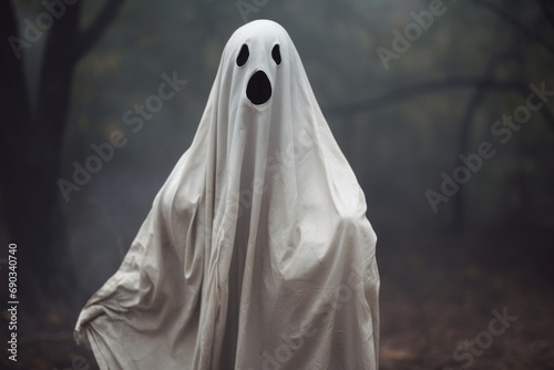 A playful ghost costume in a misty forest setting, invoking the spooky spirit of Halloween with a touch of humor and mystery.