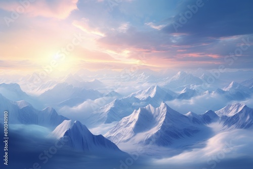 Mountain Serenity - An ethereal landscape of mountain peaks bathed in soft sunlight  conveying a sense of peace and awe-inspiring natural beauty.  