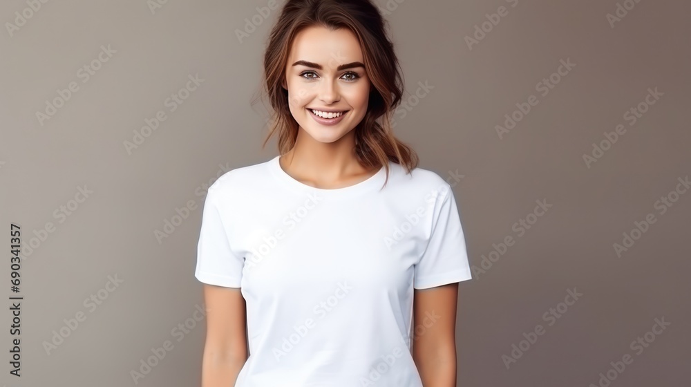 Handsome young white female wearing white blank cotton t-shirt with space for your logo or design, generative, generative ai, ai Handsome young white female wearing white blank cotton t-shirt with space for your logo or design, generative, generative ai, ai