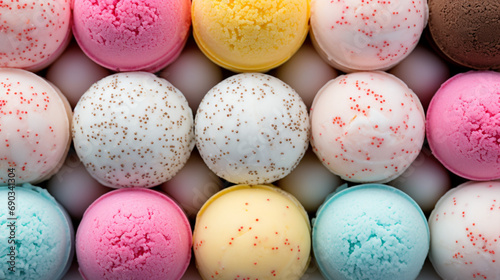 texture background of ice cream balls with different flavors and colors created with Generative Ai