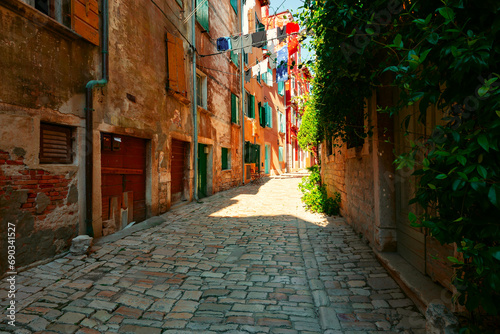 Street scene in old mediterranean town of Rovinj, Croatia.