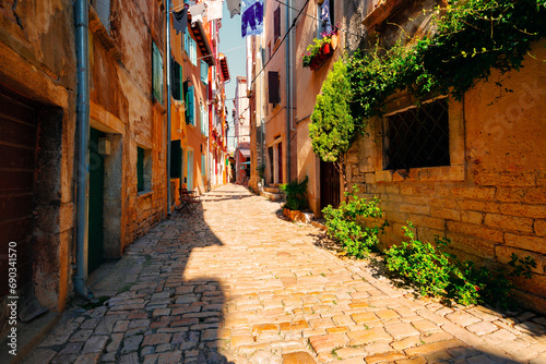 Street scene in old mediterranean town of Rovinj  Croatia.