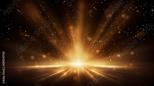 Spotlight with shiny light and particles. Glow backdrop design of spotlight and stage. Gold color rays.